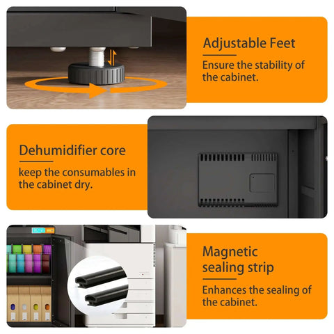 Adjustable feet, dehumidifier core, and magnetic sealing strip on Dehumidifying 3D Printer Cabinet With 180L Storage For Up To 40 Filament Rolls.
