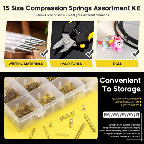 Mardatt 240-pc stainless steel compression springs kit in clear storage case, 15 sizes, 10-50 mm lengths, 0.3-0.5 mm wire.