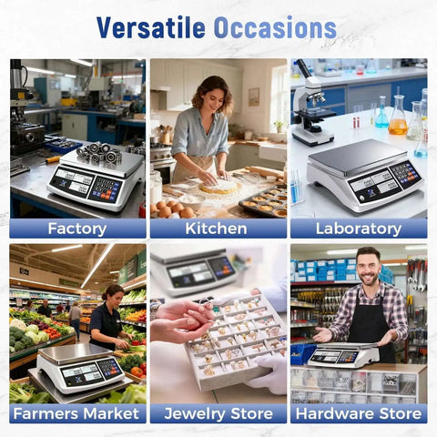 Heavy Duty Industrial Counting Scale 30kg 66lb With 0.1g Precision Bench Scale for Inventory Counting, shown in various settings like factory, kitchen, laboratory, market, and store.
