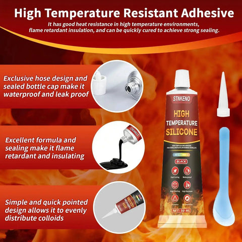 High Temperature Silicone Sealant for Ovens and Microwaves, black, 3.53 oz tube with applicator, showing product features.