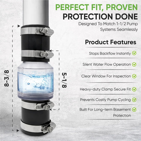 PumpSpy 1-1/2 in Buna-N check valve assembly with spring-loaded flapper for sump pump, includes steel clamps