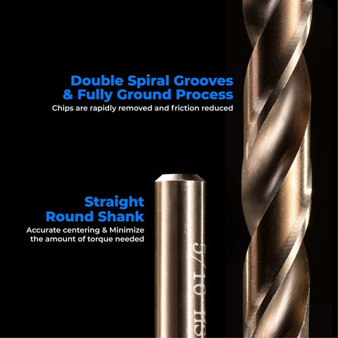 Close-up of Three Eighths Inch Cobalt Drill Bit Set Amoolo Five Pieces M35 High Speed Steel Drill Bits showing spiral grooves and shank.