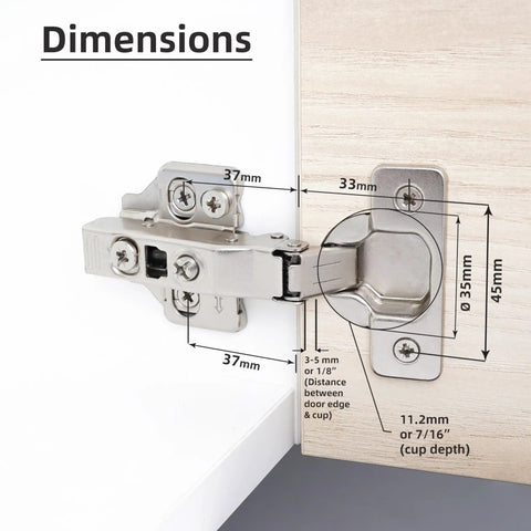 Full Overlay European Soft Close Cabinet Hinges For Kitchen Cabinets 20 Pieces 105 Degree Frameless Concealed Cabinet Door Hinge Six Way Adjustable Clip On Plate For Easy Installation DecoBasics dimensions diagram