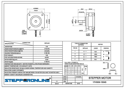 Technical drawing for Compact Short Body Nema 17 Bipolar Stepper Motor 1A 22.6 Oz In Holding Torque with specifications and dimensions.