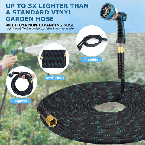 KETTOYA garden hose, 100 ft non-expanding braided fabric with 10-pattern spray nozzle and storage strap