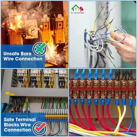 Image showing unsafe bare wire connection versus safe 8 Position Terminal Block Kit With Ground Blocks And Screw Terminals wiring.