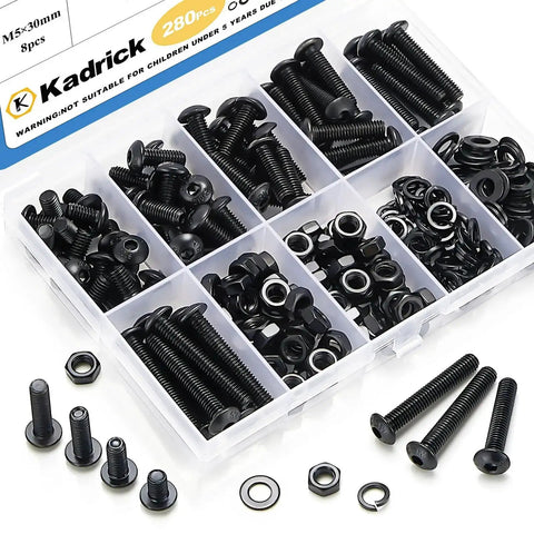 M5 Screw Kit 280Pcs with Nuts Lock Washers Flat Washers Grade 10.9 Alloy Steel Hex Socket Button Head Black Screws