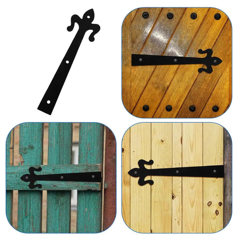Shaped Shed Door Hinges Lift Off Hardware for boxes, cabinets, wardrobe doors shown installed on wood, easy installation, high load capacity.