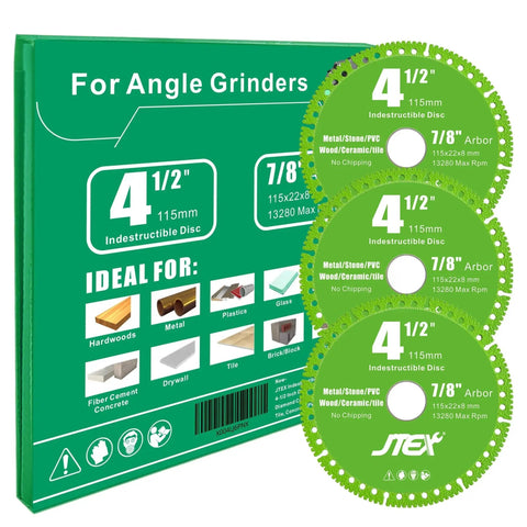 Front view of Indestructible Four And A Half Inch Beast Diamond Cutting Disc For Angle Grinder Seven Eighths Inch Arbor Multi Material Diamond Blade For Metal Rebar Tile Stone PVC Pipes Great For Cutting Grinding And Chamfering Three Pack JTEX packaging and discs.