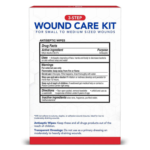 Packaging for Wound Care Kit And First Aid Supplies 40 Piece For Home Car Travel Camping Hiking And More All Health with antiseptic wipes info.