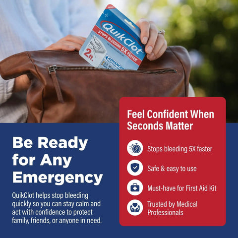 Fast Bleed Clotting Gauze Kaolin Hemostatic Dressing being placed in a first aid bag for emergency use