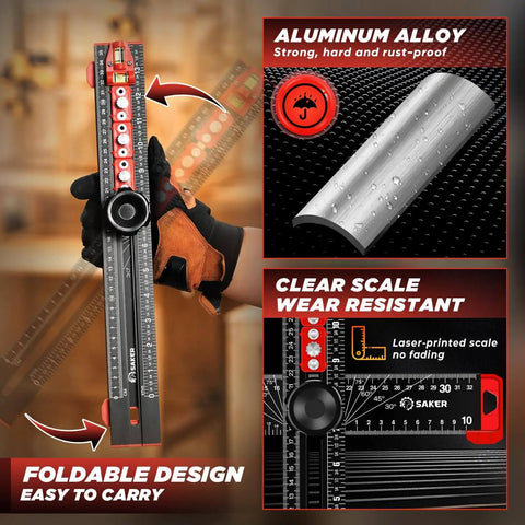 Handy 4 In 1 Drilling Positioning Ruler For Woodworking, aluminum alloy T-square ruler with clear scale and foldable design.