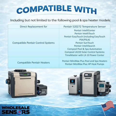 Compatibility list for Replacement 520272 Air Water Solar Temperature Sensor with 20 feet cable, pool controllers shown below.