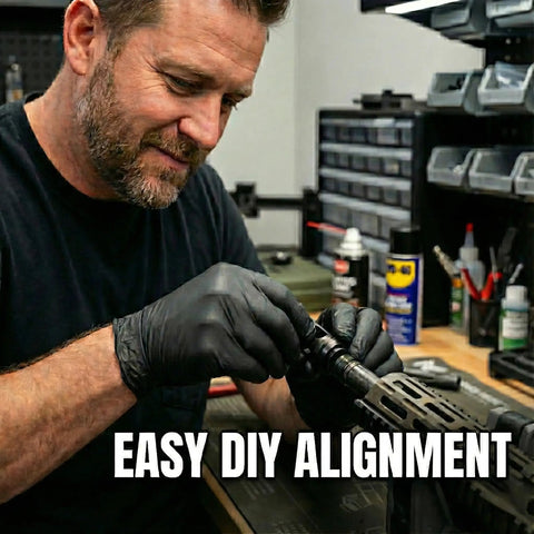 Person aligning muzzle device using Crush Washer For 5/8-24 Threads For 30 Cal Muzzle Devices 5 Pack Black Oxide Steel Precision Machined Conical Design.