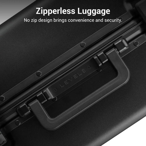 Close-up of Zipperless Carry On Luggage With Aluminum Frame And Hard Shell Airline Approved 20 Inch Black Spinner Suitcase handle.