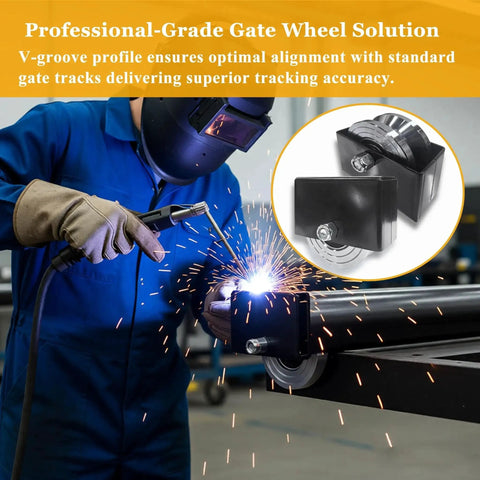 Two Pack 4 Inch V Groove Gate Wheel with Bracket during welding process for extreme load capacity up to 6600 lbs