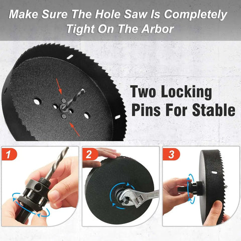 Heavy Duty Hole Saw Arbor Kit With Five Center Drill Bits Quick Change Half Inch Hex Shank Fits One And One Half Inch To Ten Inch Hole Saws Durable Carbon Steel Construction Universal Design For Quick Clean Holes showing assembly steps