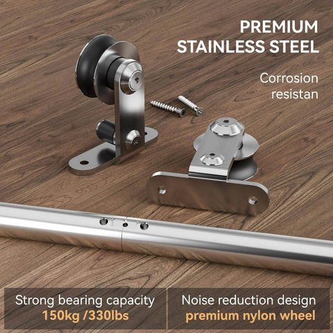 7 Foot Stainless Steel Sliding Door Hardware Kit For Single Wooden Door Top Mount Track System Fits 42 Inch Wide Panels T Style Rail Easy Install Heavy Duty Smooth Quiet Operation Rust Proof And Waterproof, showing stainless steel components on a wooden surface.