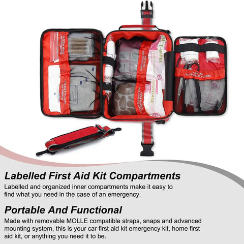 Open view of Ultra Comprehensive 500 Piece Emergency First Aid Kit with labeled compartments, ready-to-use supplies for emergencies.