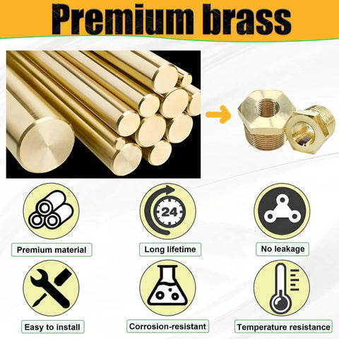 Two Pack Beefy Brass Three Eighths Inch Male To One Quarter Inch Female NPT Reducer Bushing Fitting with brass rods and features infographic