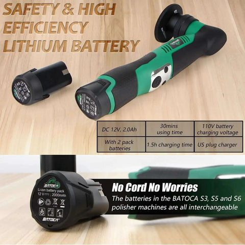 Cordless Car Buffer Polisher Kit With Dual Action And Rotary Modes, 1 Inch And 3 Inch Heads, shown with lithium battery