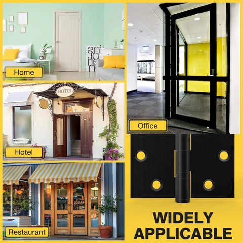 Ball Bearing Door Hinges 4.5 By 4 Inches Matte Black Square Corner 3mm Thick displayed with images of home, office, hotel, restaurant