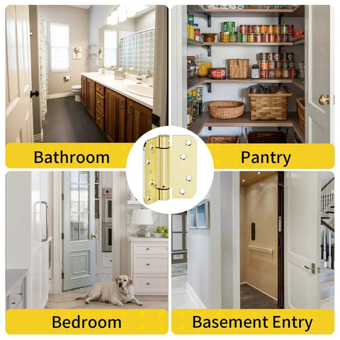 2 Pack Self Closing 4 Inch Door Hinges With Spring Loaded Action for various room doors including bathroom, pantry, and bedroom.