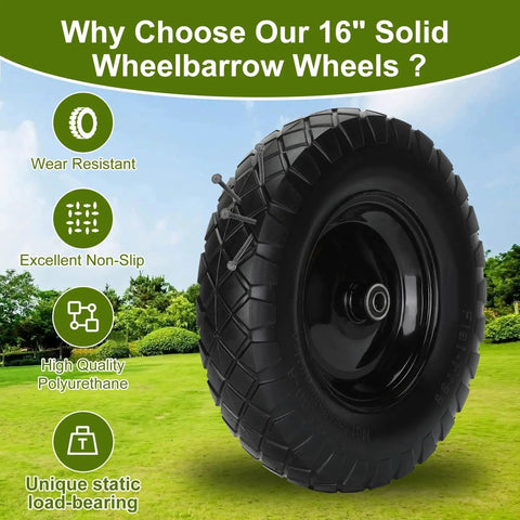 Upgraded 16 Inch Flat Free Wheelbarrow Wheels And Tires With 4.80 4.00 8 Solid Tires And 5/8 And 3/4 Bearings on grass