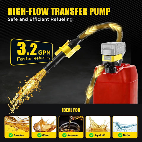 Cordless Fuel Transfer Pump With Flexible Hose, Battery Powered For DeWalt 20V And Milwaukee 18V Tools, High Flow 3.2 GPM