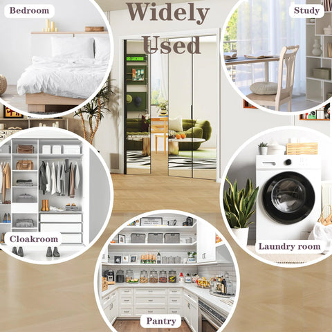 Black Aluminum Bifold Mirror Door For 60x80 Opening, Preassembled With Hardware Kit, shown in bedroom, study, cloakroom, pantry, and laundry room settings.