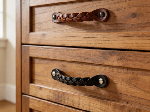 Braided Cognac Leather Drawer Pulls on wooden dresser showcasing the rustic industrial design, part of Leather Drawer Pulls Braided Cognac Finish Set.