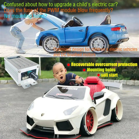 Children playing with ride-on toys, featuring a DC Motor Speed Controller With Soft Start And Soft Stop, PWM Variable Speed Controller for 9 to 70V Motors, 35A, Overcurrent Protection, Pedal Ready.