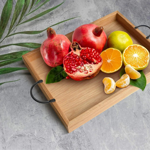 Wooden serving tray with fruits and Metal Rustic Curved Tray Handles Pack of 4 for Serving Trays Cutting Boards Charcuterie Boards