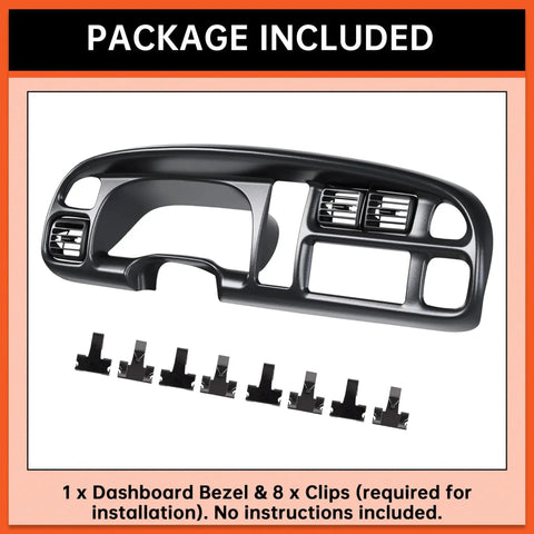 Dodge Ram Dash Bezel Cover For 1998-2002 1500 2500 3500 Instrument Cluster shown with clips included for installation.