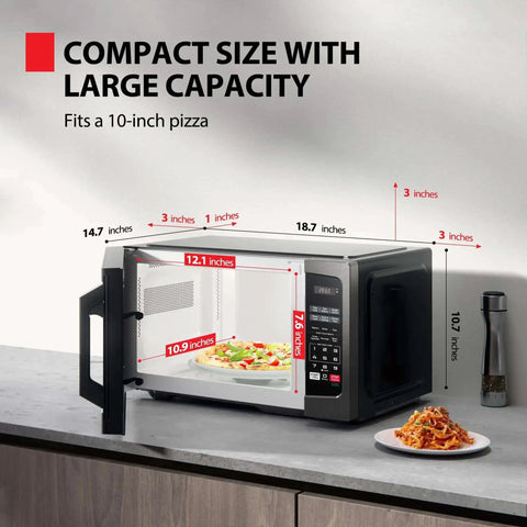 Compact Space Saver 0.9 Cu Ft Microwave Oven With 900W Power, 6 Auto Menus, fits 10-inch pizza, black stainless steel on countertop