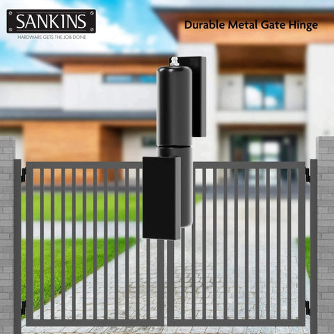 7 Inch Heavy Duty Gate Hinges Weld On 900 Lb Capacity For Outdoor Gates, shown installed on modern driveway gate