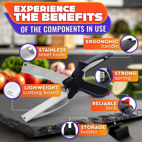 2 In 1 Kitchen Scissors For Food With Stainless Steel Blade And Plastic Cutting Board Safety Lock 9.5 Inch Tomato Knife