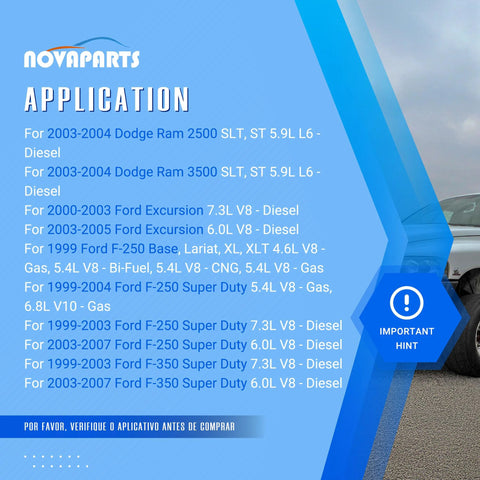 NovaParts application poster on blue background listing Ford/Dodge diesel engines; features logo and HINT badge.
