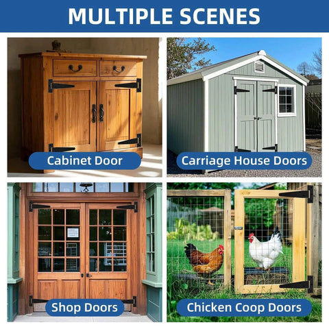 Multiple scenes featuring Light Duty T Strap Hinges for Barn Doors and Gates 4 Inch Black Wrought Iron Rustproof 6 Pack on various doors.