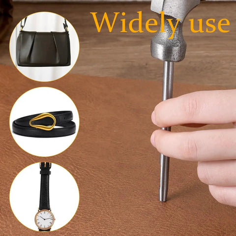 Using the Pro Grade Beefy Leather Hole Punch Set With 0.5 To 7mm Hollow Punches on leather with images of a bag, belt, and watch.