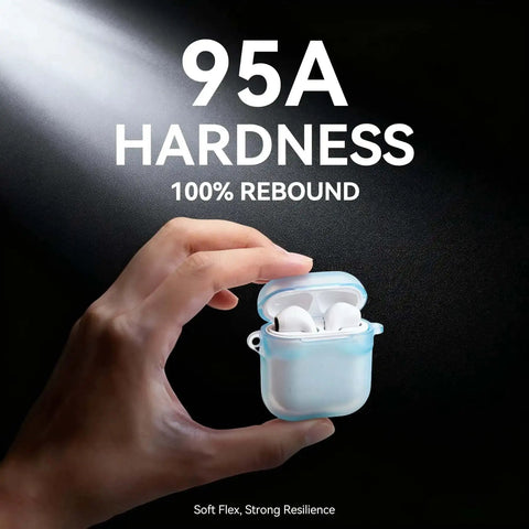 Hand holding a TPU case with earbuds, text '95A Hardness, 100% Rebound.' Go-To Flexible 1.75mm TPU Filament For 3D Printing Dope Soft Yet Tough.