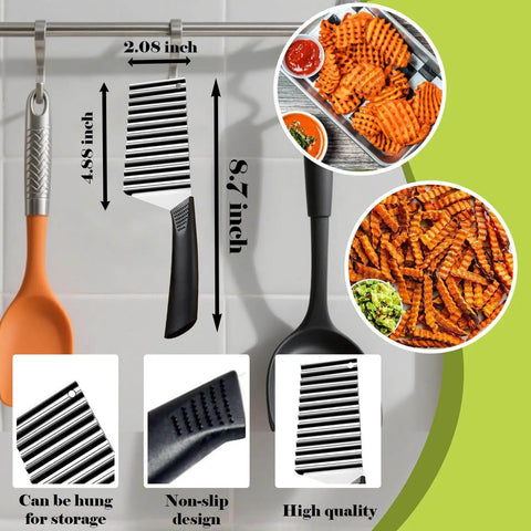 Crinkle Cutter Wave Blade Slicer For Potatoes Carrots And Fruits FANTEXY Stainless Steel Waffle Fry Cutter with measurements.