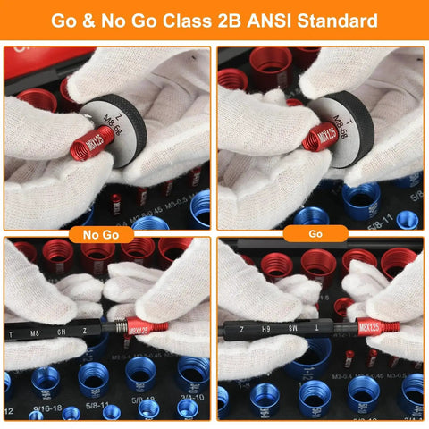 55 Pieces Nut And Bolt Thread Checker Kit in use, displaying detachable gauges with Go & No Go verification, foam insert visible.