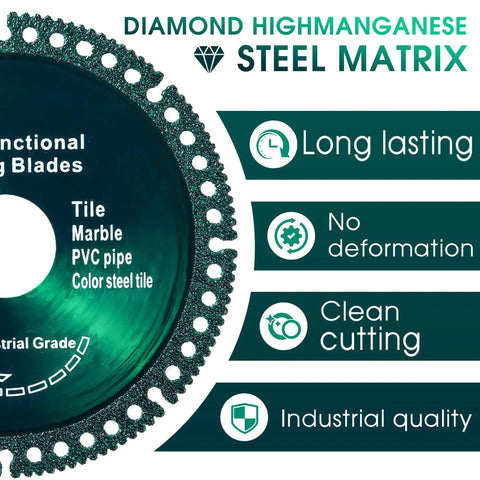 Image of a diamond high manganese steel cutting disc highlighting its features such as long-lasting, no deformation, and clean cutting.
