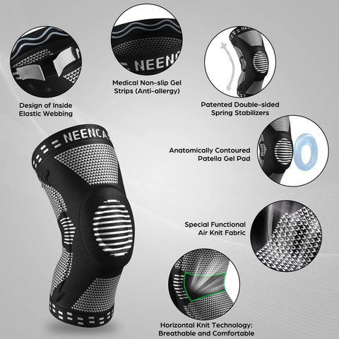 Professional Knee Brace With Patella Gel Pad And Side Stabilizers, Medical Grade Compression Sleeve For ACL PCL Meniscus Injuries And Arthritis, Pain Relief, Injury Recovery, Sports And Workout Support, FSA HSA Eligible, Unisex Elite Knee Support, featuring details of design, materials, and anatomy