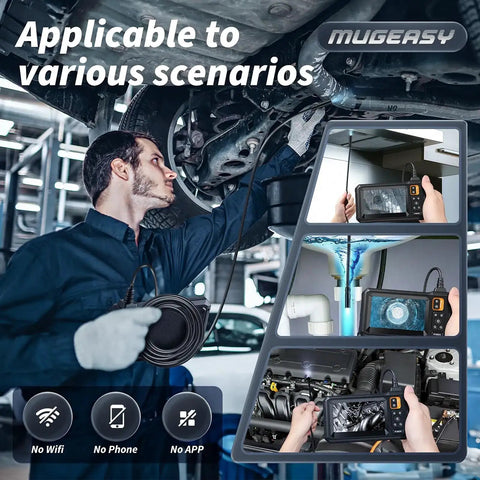 Mechanic using Endoscope Camera With Light For Inspections And Tight Spots Pro Grade Tool to inspect car underside and plumbing