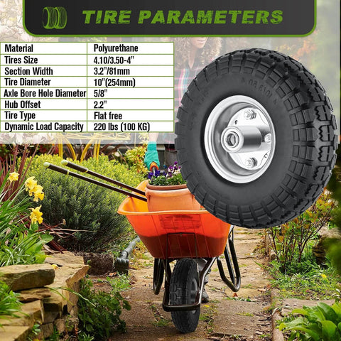 Flat Free Ten Inch Rugged Solid Rubber Wheel Set With Five Eighth Axle Bore And Two Point Two Inch Hub Offset Four Pack Of 4.10 3.50 4 Inch Wheels For Hand Trucks Wheelbarrows Garden Carts Dollies And Utility Carts Each Load Rated At 220 Lbs displayed with specifications and garden cart backdrop
