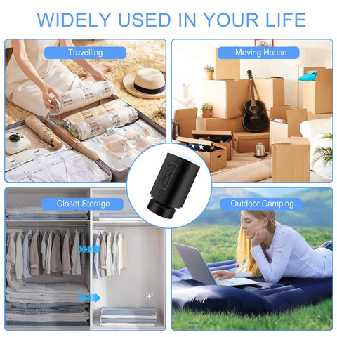 Amazon portable cordless vacuum pump for storage bags; black handheld air pump for clothes, blankets, luggage.