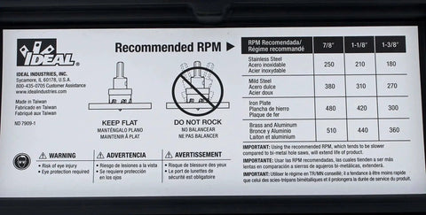 Recommended RPM chart for TKO Carbide Tipped Hole Cutter Kit 4 Piece Set With Smooth Start Pilot Bit and Carry Case.