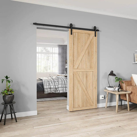 Beefy Heavy Duty Sliding Barn Door Hardware Kit for 6ft Single Door, wood door with black J shape hangers installed in living room